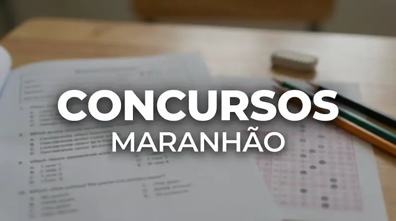 Folha de respostas de concurso público com lápis e borracha, representando provas no Maranhão.