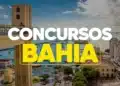 Elevador Lacerda e Baía de Todos os Santos com texto Concursos Bahia sobreposto à vista de Salvador