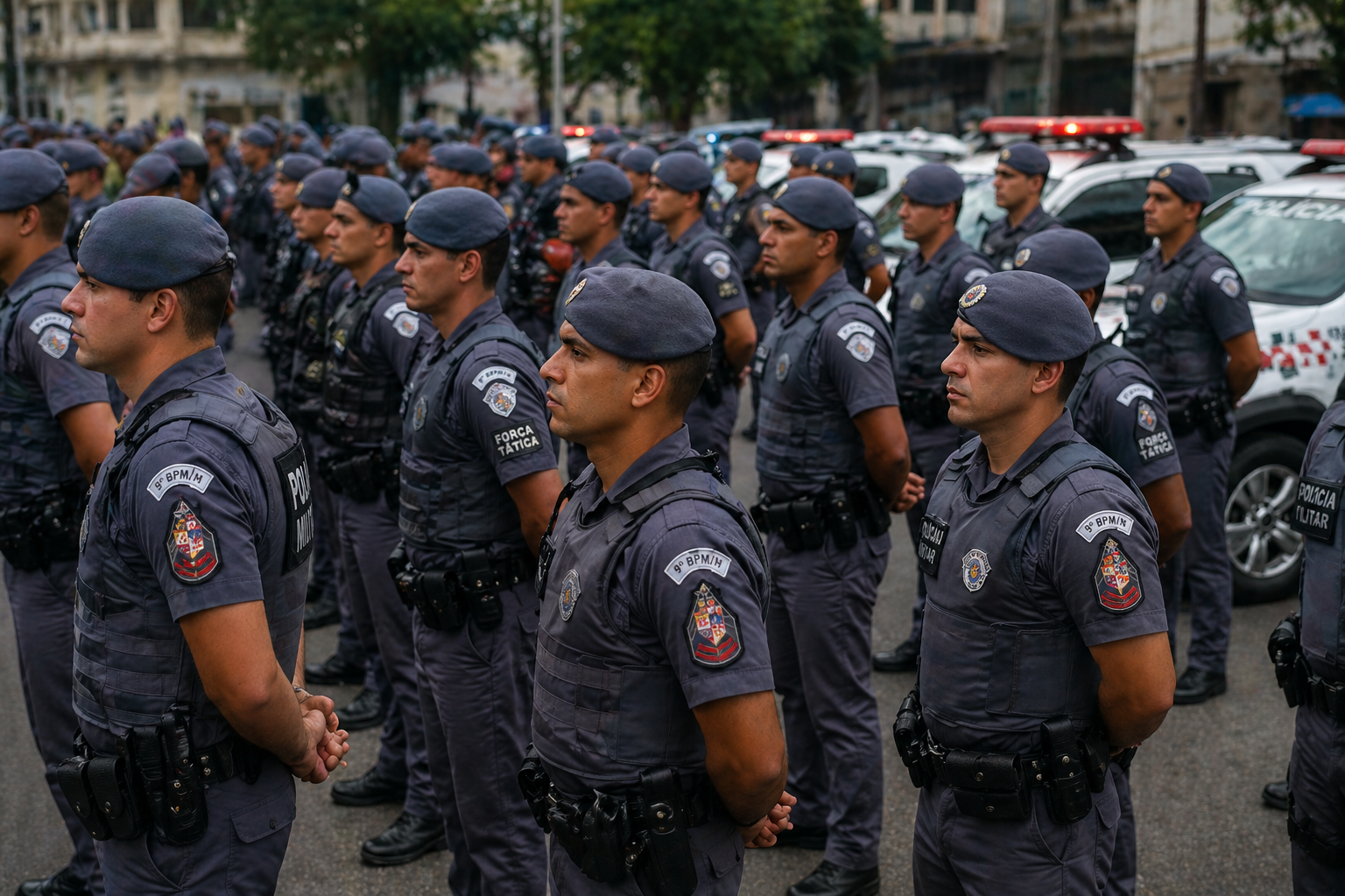 Policiais militares do 9º BPM/M de São Paulo em formação com boinas azuis e viaturas ao fundo