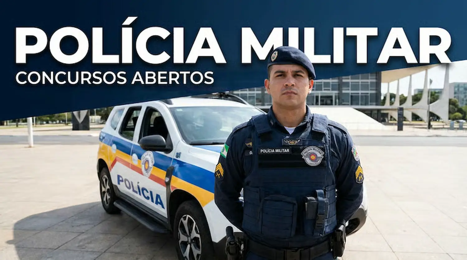 Concursos PM abertos: mais de mil vagas em São Paulo e Alagoas com salários de até R$ 11 mil 2 Policial militar em frente a viatura destacando inscrições abertas para concurso público.