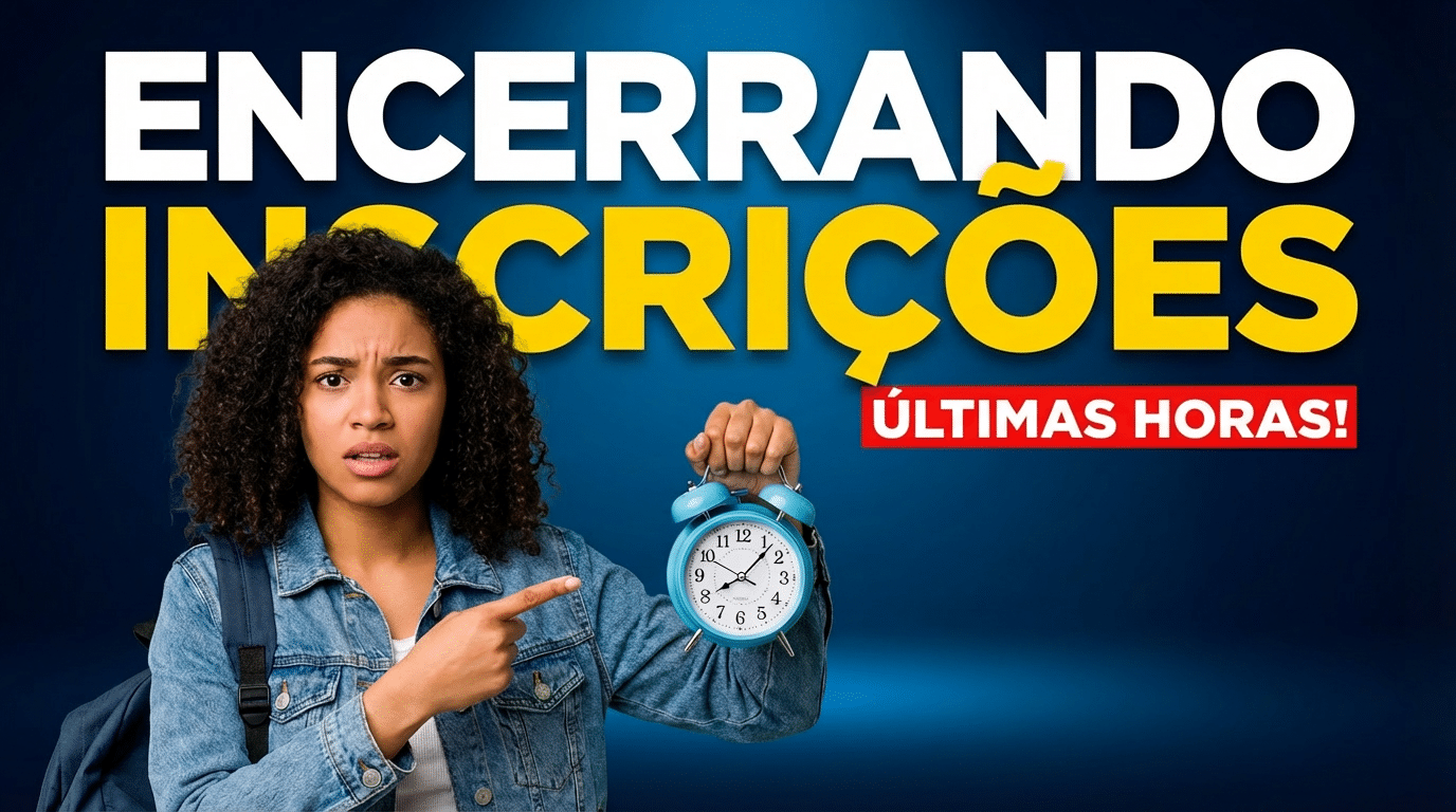Jovem de cabelo cacheado aponta para relógio azul enquanto destaca encerramento de inscrições