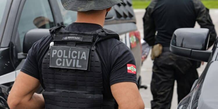 Agente da Polícia Civil de costas, com colete balístico identificado, ao lado de uma viatura durante operação policial.