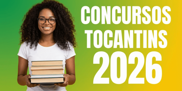 Jovem negra de cabelos cacheados e óculos segura pilha de livros, ao lado do texto "Concursos Tocantins 2026"
