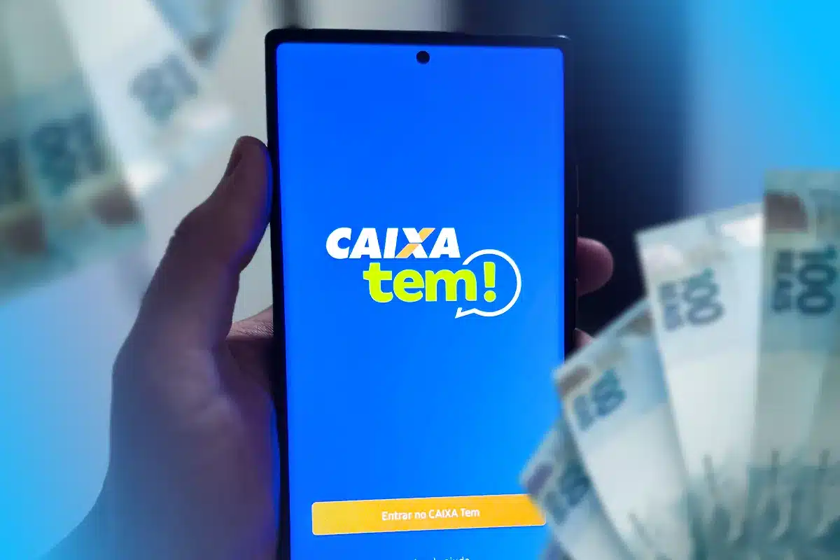 Aplicativo CAIXA Tem aberto no celular com dinheiro ao fundo, ilustrando acesso e liberação de conta para menor no programa Pé-de-Meia
