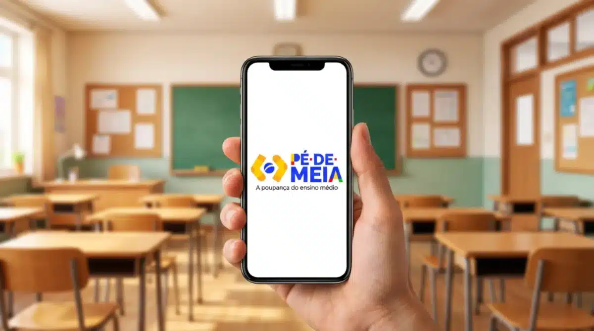 Celular exibindo conta do programa Pé-de-Meia em sala de aula, representando que o encerramento da conta não implica o cancelamento do benefício.
