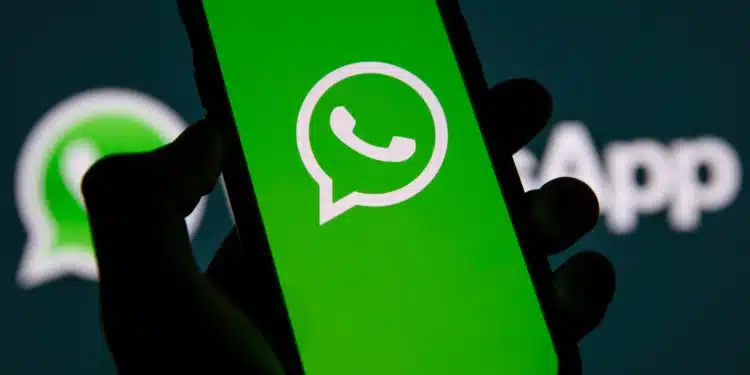 Tela de celular mostrando o logo do WhatsApp em fundo verde, representando o lançamento de nova função para afastar usuários de contas comerciais.