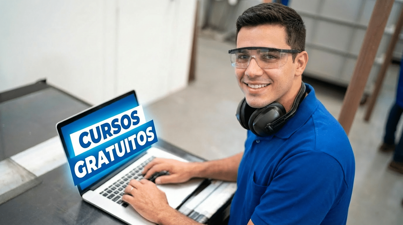 Homem jovem com camisa polo azul, óculos de proteção e abafador de ruídos usa laptop com texto "Cursos Gratuitos"