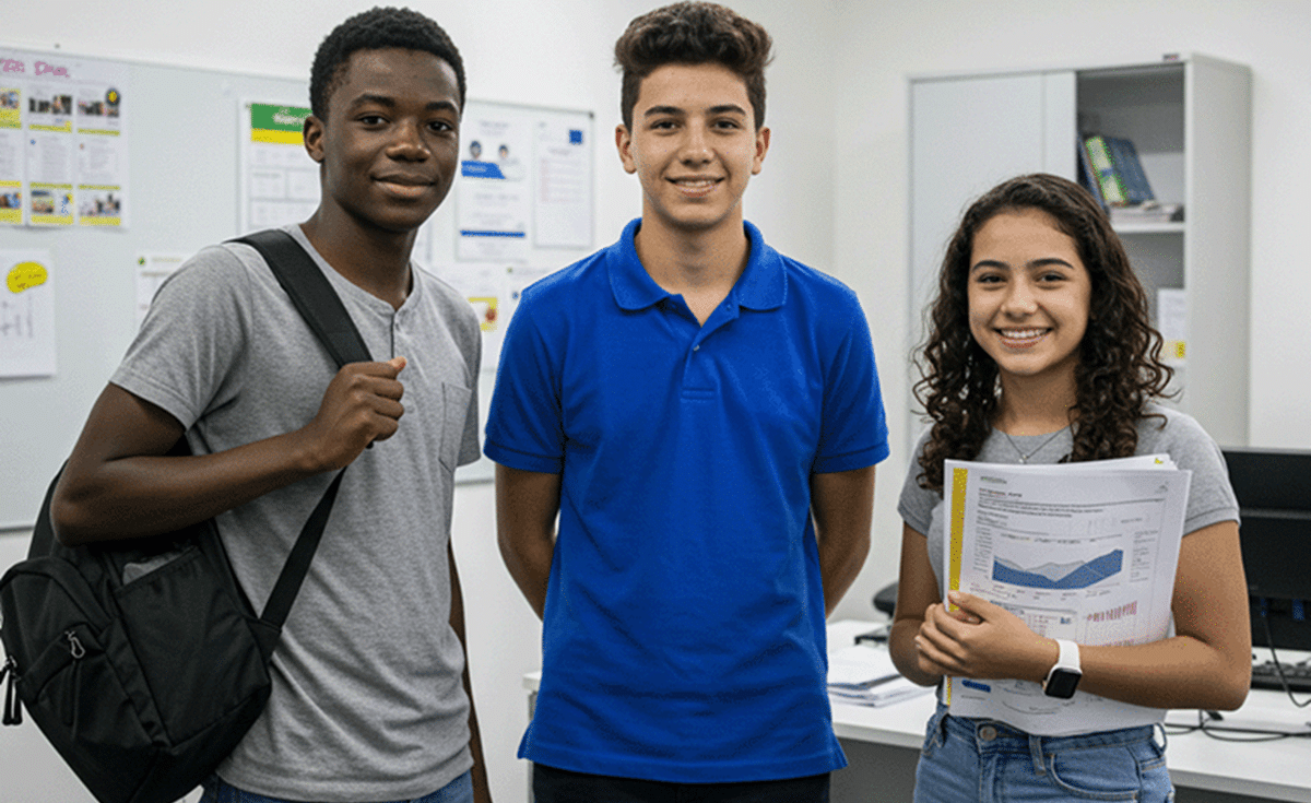Três jovens estudantes sorrindo em ambiente de sala de aula representando candidatos aos cursos gratuitos de capacitação da Petrobras