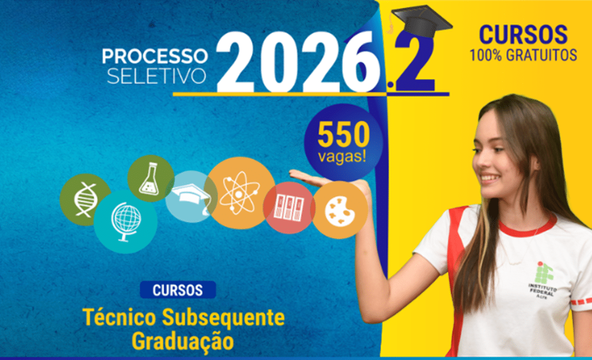 Banner promocional do processo seletivo 2026.2 do IFAC destacando 550 vagas para cursos técnicos subsequentes e de graduação com aluna sorridente