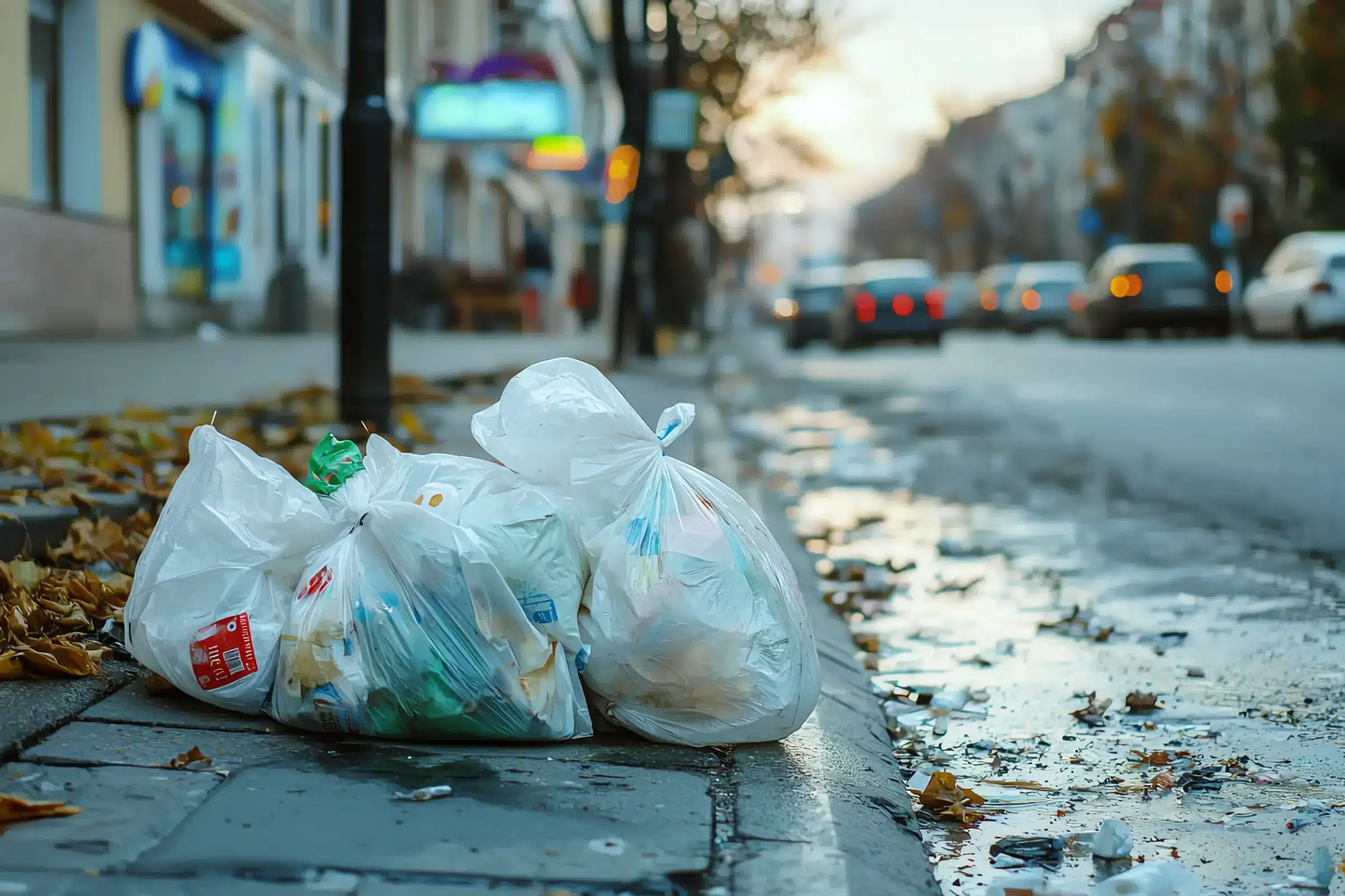 Lixo acumulado em calçada, ilustrando o impacto do descarte inadequado de resíduos urbanos.