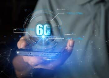 Ilustração representando a tecnologia 6G aplicada a smartphones com foco em conexão ultrarrápida e comunicação do futuro.