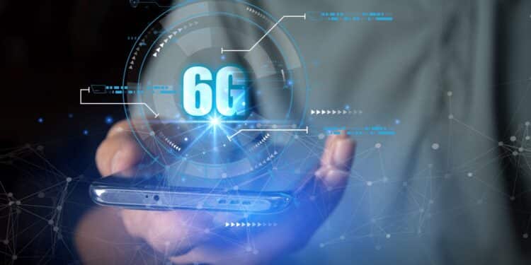Ilustração representando a tecnologia 6G aplicada a smartphones com foco em conexão ultrarrápida e comunicação do futuro.