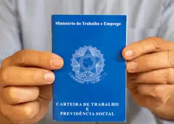 Pessoa segurando a carteira de trabalho do Brasil, destacando o documento oficial utilizado para registros trabalhistas no país.