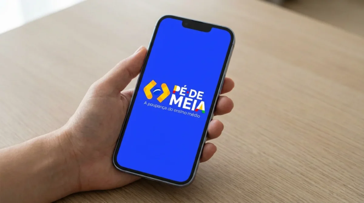 Tela do celular com o logo do Pé-de-Meia, ilustrando como verificar a disponibilidade da conta para uso pelo aplicativo.