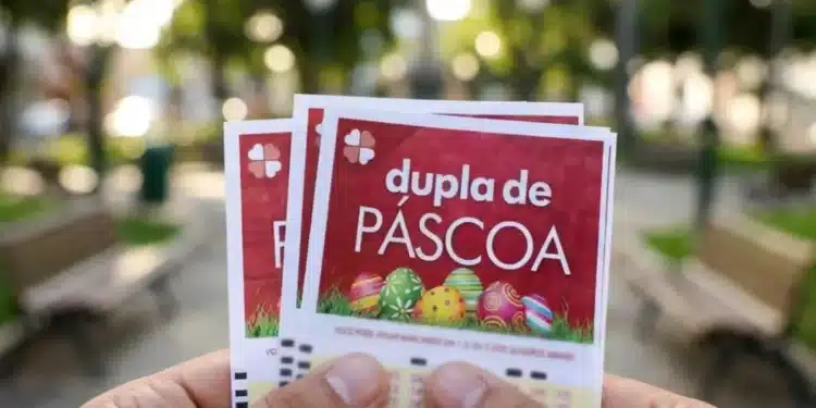 Bilhetes da Dupla de Páscoa com prêmio de R$ 40 milhões, promovendo o sorteio próximo, sem acumulação.
