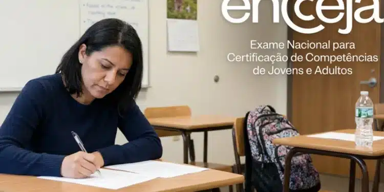 Pessoa realizando a prova do Encceja 2026 em sala de aula, com foco na escrita e preparação.