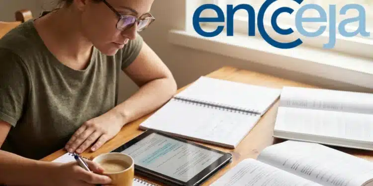 Mulher focada nos estudos com livros e tablet, simbolizando a preparação para o ENCCEJA em poucos meses.