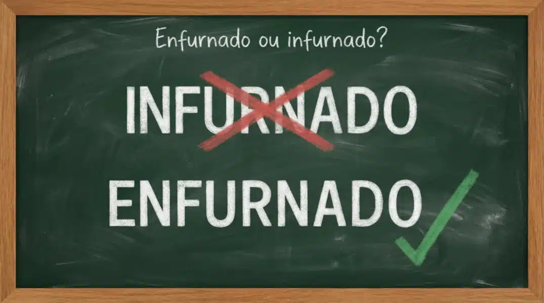 Quadro-negro com a palavra 'INFURNADO' riscada e 'ENFURNADO' marcada com um check, esclarecendo o uso correto do termo.