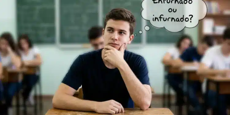 Estudante pensativo refletindo sobre a dúvida entre os termos 'enfurnado' ou 'infurnado', com pensamento em balão de diálogo.