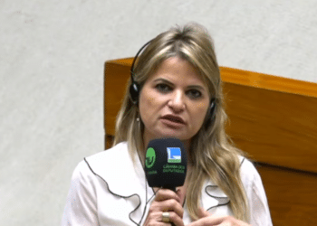 Mulher loira de cabelos longos ondulados, blusa branca com detalhes pretos, segura microfone da TV Câmara e Câmara dos Deputados