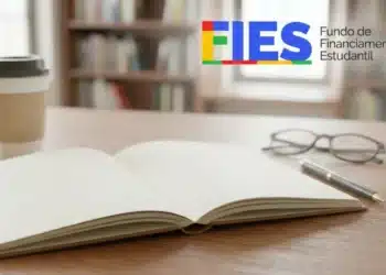 Livro aberto sobre mesa com óculos e café ao lado representando estudantes do FIES e renegociação de dívidas