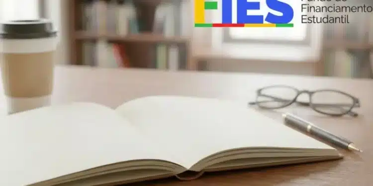 Livro aberto sobre mesa com óculos e café ao lado representando estudantes do FIES e renegociação de dívidas