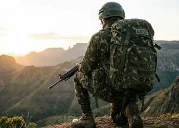 Militar do Exército Brasileiro observa paisagem montanhosa durante missão em área elevada.