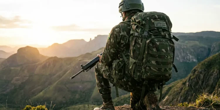 Militar do Exército Brasileiro observa paisagem montanhosa durante missão em área elevada.