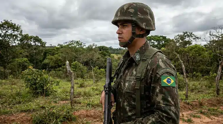 Militar do Exército Brasileiro em área rural durante atividade de campo relacionada ao serviço temporário.