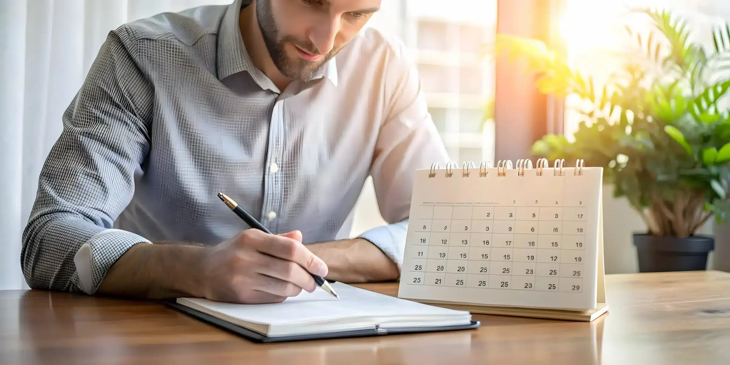 Homem escrevendo em um caderno enquanto consulta um calendário, refletindo sobre como aproveitar o feriado prolongado.