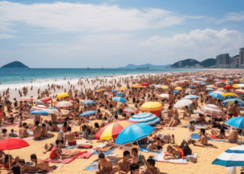 Multidão em praia de areia branca com dezenas de guarda-sóis coloridos, mar azul e arranha-céus ao fundo.