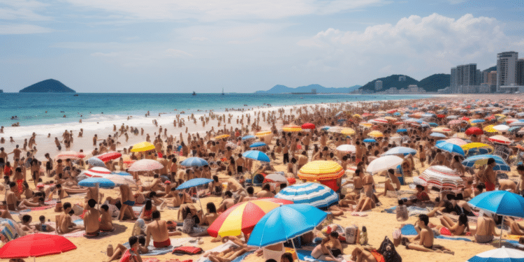 Multidão em praia de areia branca com dezenas de guarda-sóis coloridos, mar azul e arranha-céus ao fundo.