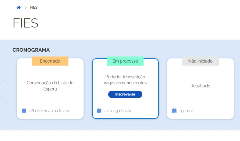 Tela do portal do Acesso Único utilizada para realizar inscrição nas vagas remanescentes do FIES 2026 de forma online