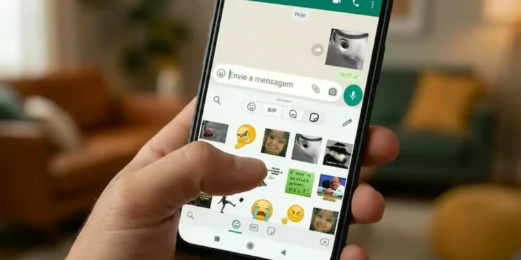 Tela do WhatsApp mostrando seleção de figurinhas animadas em uma conversa no celular.