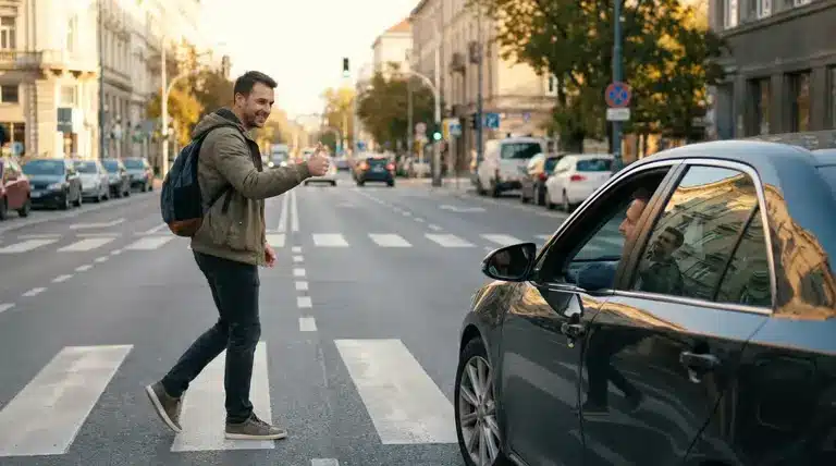 Homem acenando para um motorista que o deixou atravessar a rua, mostrando um gesto de agradecimento.