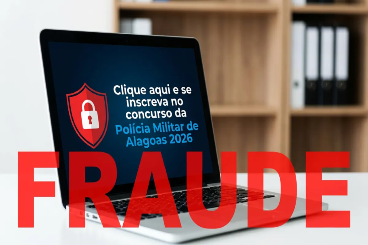 Tela de notebook com aviso de fraude em inscrição falsa do concurso PM Alagoas 2026