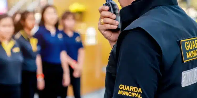 Agente da Guarda Municipal com rádio comunicador, em operação, usando uniforme com a inscrição 'GUARDA MUNICIPAL', seguindo a decisão do STF.