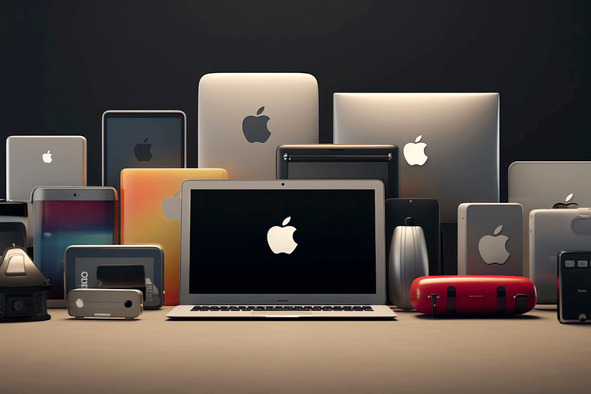 MacBook exibindo logo da Apple cercado por iPads, iPhones e acessórios em variadas cores