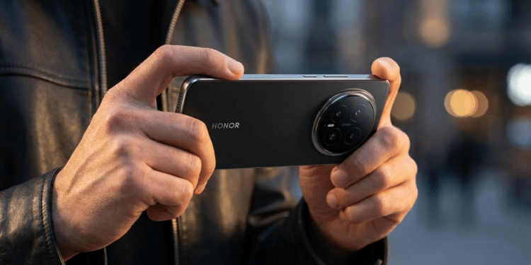 Mãos segurando smartphone Honor Magic9 preto com módulo de câmeras circular e quatro lentes visíveis em ambiente urbano