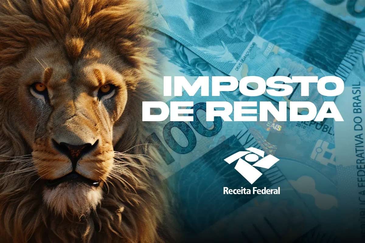 Imagem ilustrativa sobre o Imposto de Renda 2026 com a Receita Federal e nota de 100 reais ao fundo.