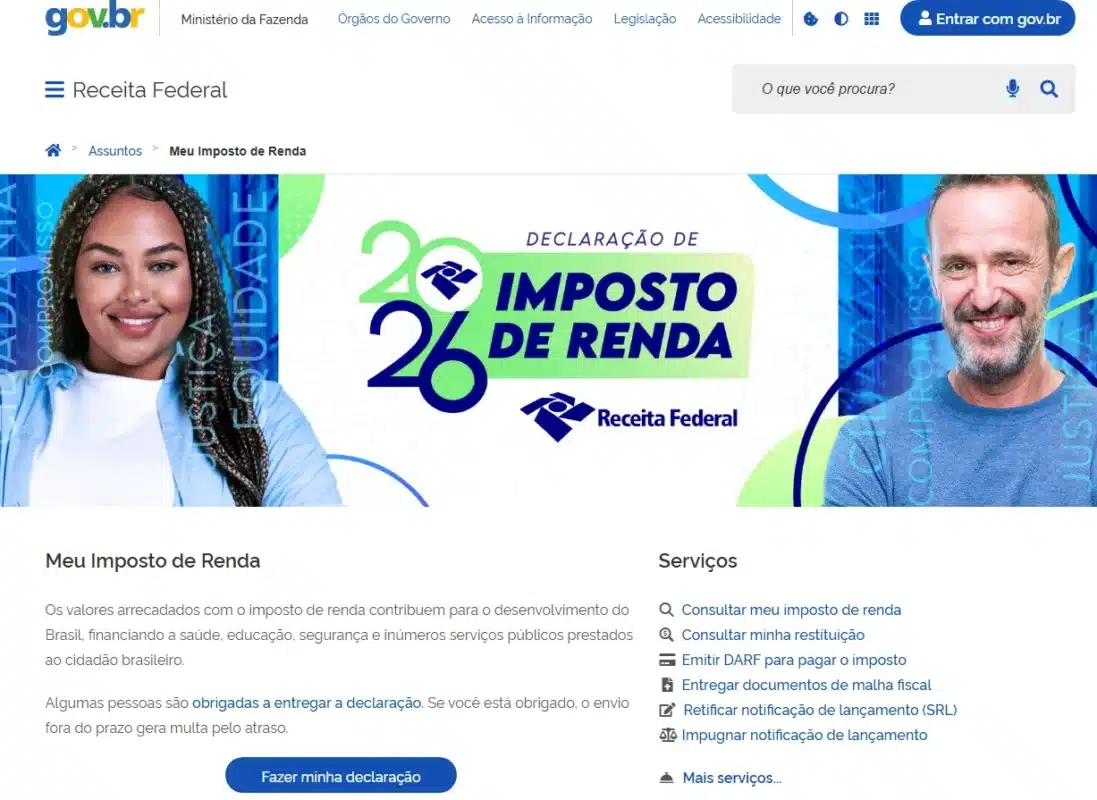 Tela do site da Receita Federal, mostrando a seção 'Meu Imposto de Renda' com opção de declaração online do Imposto de Renda 2026.