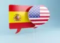Balões de conversa com bandeiras dos Estados Unidos e Espanha representando aprendizado de inglês e espanhol com app gratuito do MEC