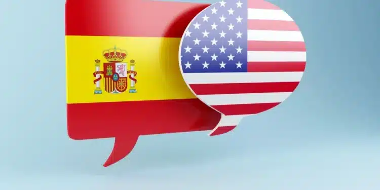 Balões de conversa com bandeiras dos Estados Unidos e Espanha representando aprendizado de inglês e espanhol com app gratuito do MEC