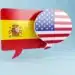 Balões de conversa com bandeiras dos Estados Unidos e Espanha representando aprendizado de inglês e espanhol com app gratuito do MEC