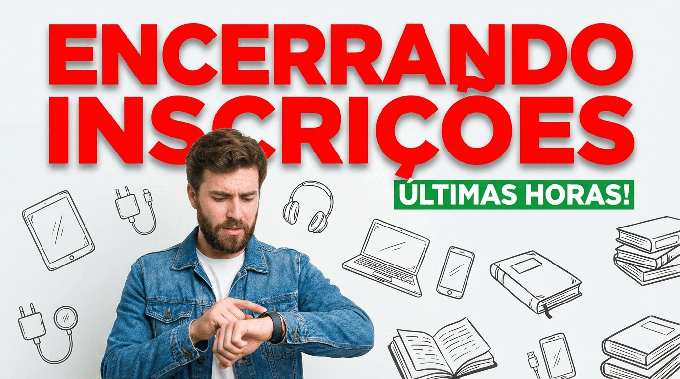 Homem barbudo com jaqueta jeans olha relógio preocupado com prazo de inscrição e ícones de tecnologia ao fundo