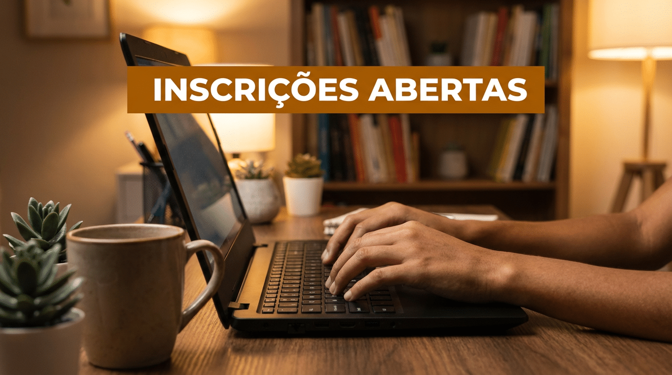 Mãos digitando em notebook preto sobre mesa de madeira com texto "Inscrições Abertas" em faixa laranja