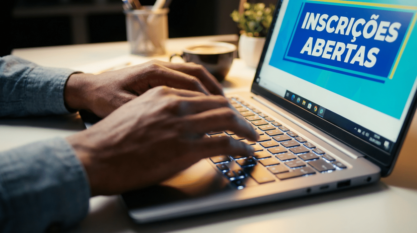 Mãos digitando em laptop prateado com tela mostrando "Inscrições Abertas" em fundo azul e amarelo