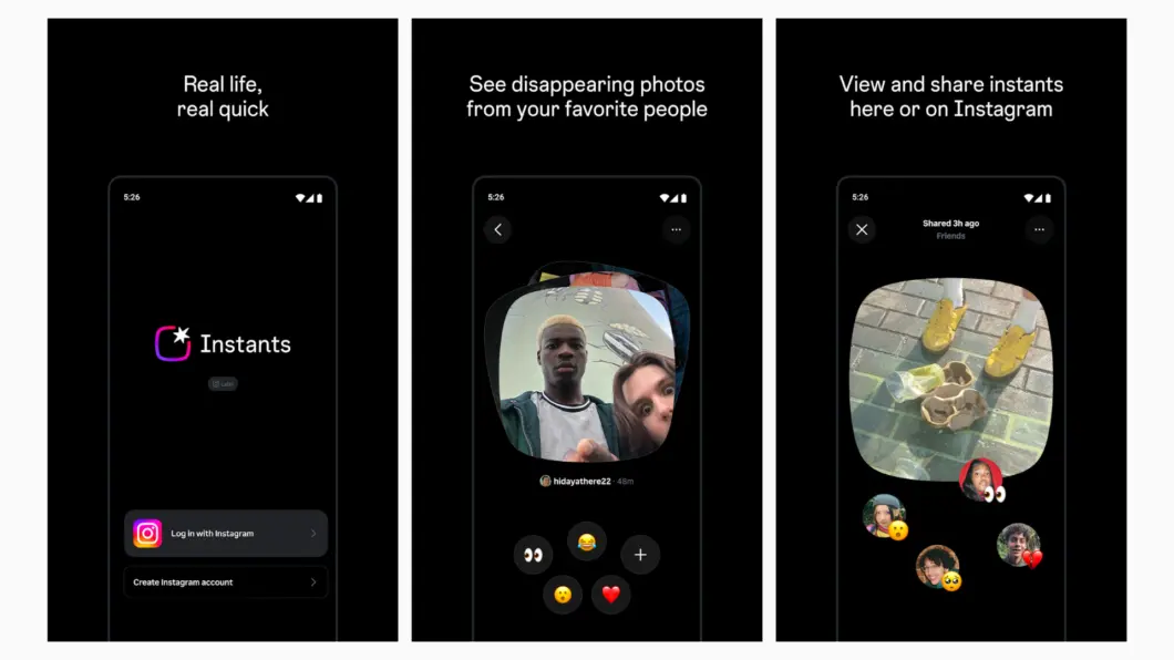 Tela do Instants mostrando a interface do aplicativo com imagens compartilhadas instantaneamente e pouca edição.