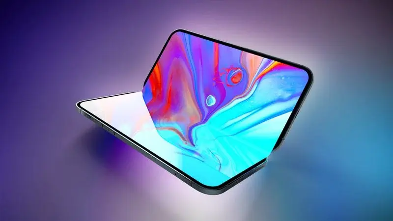 Imagem representativa do iPhone dobrável da Apple com tela flexível, design inovador e cores vibrantes.
