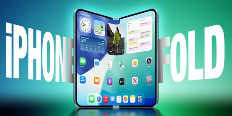Imagem do novo iPhone dobrável da Apple com interface de tela flexível.